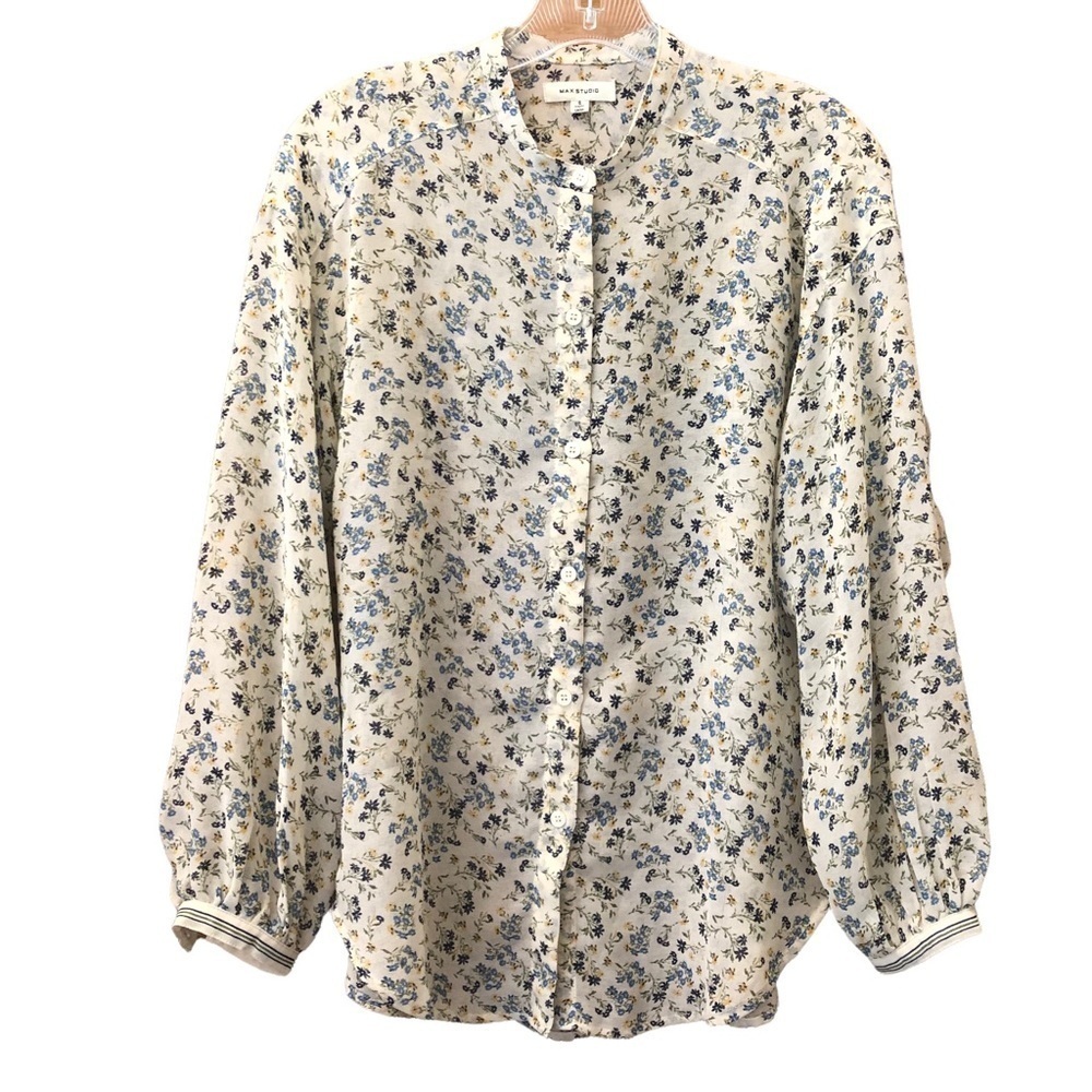 Max studio, women’s, ivory floral print top w/ spiral ruffle trim at sleeves / S